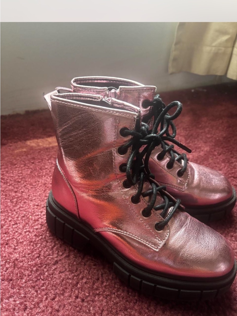 Kids Metallic Pink Lace-Up Platform Boots